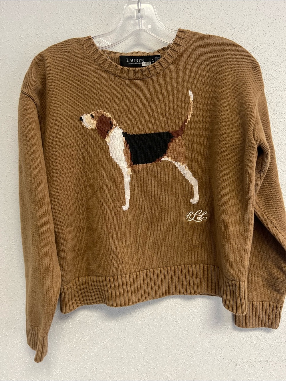 Lauren Ralph Lauren Camel Brown Crewneck Sweater with Dog Intarsia